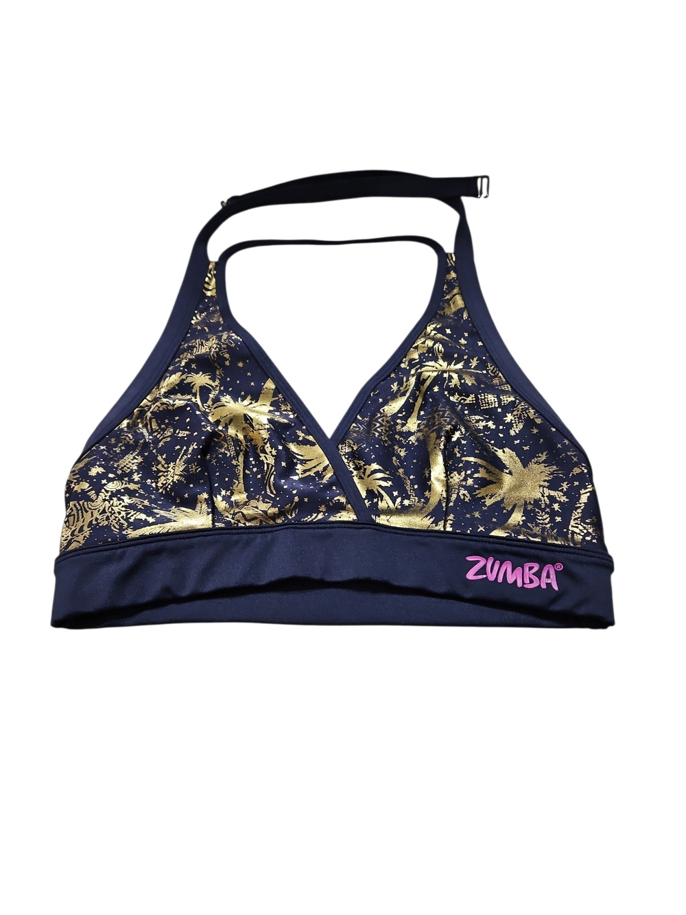 Zumba Fitness Navy & Gold Palm-Print Halter Exercise Top Sz XS-S Womens